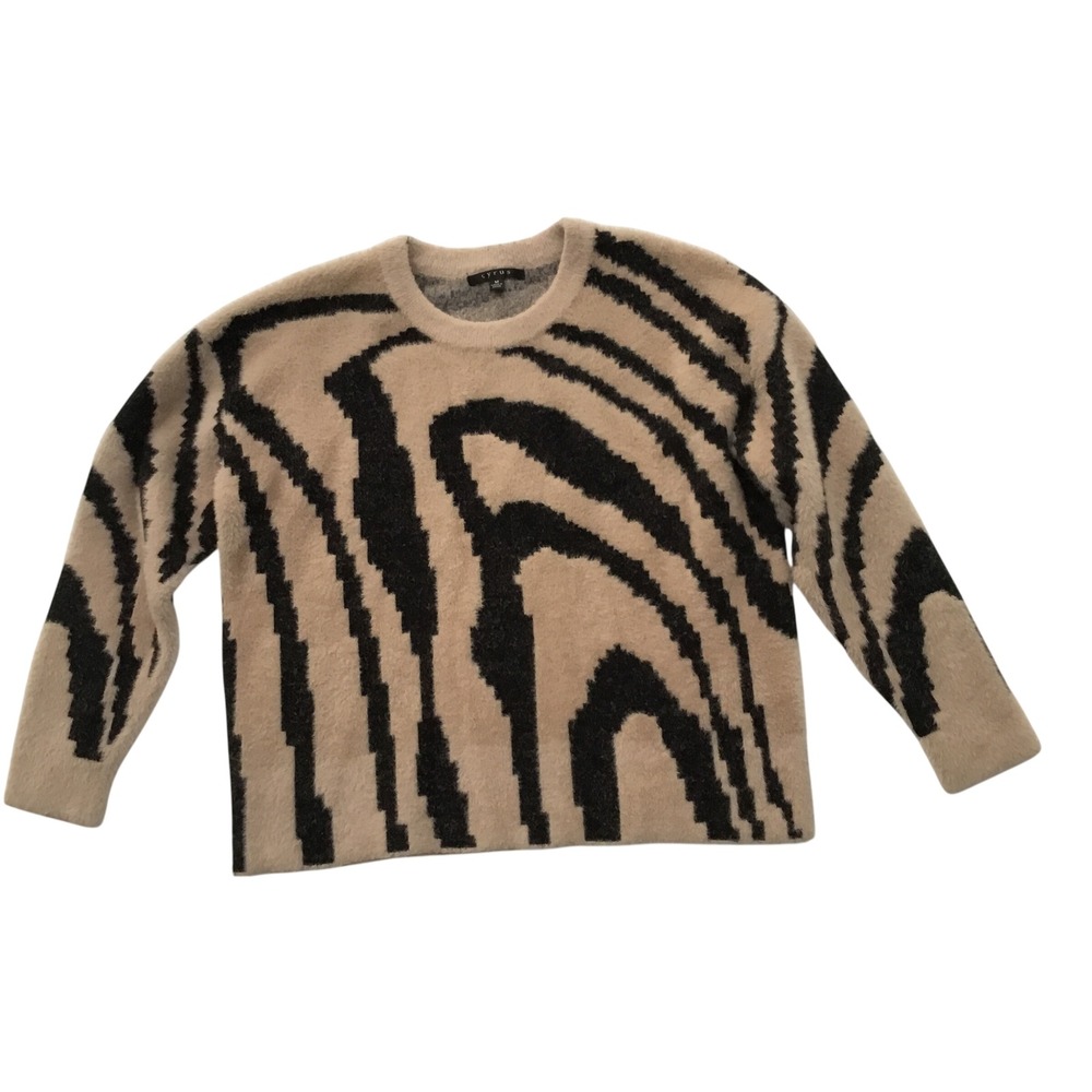 Cyrus Womens Tan Black Zebra Animal Print Fuzzy Eyelash Knit Crewneck Sweater M